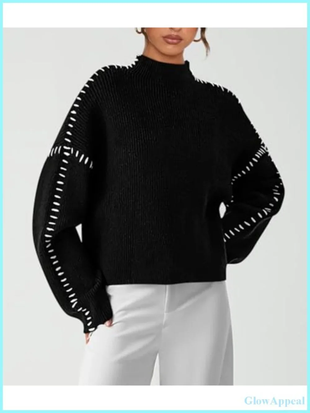 Womens Chunky Knit Oversized Pullover Sweater Mock Neck Long Sleeve Top